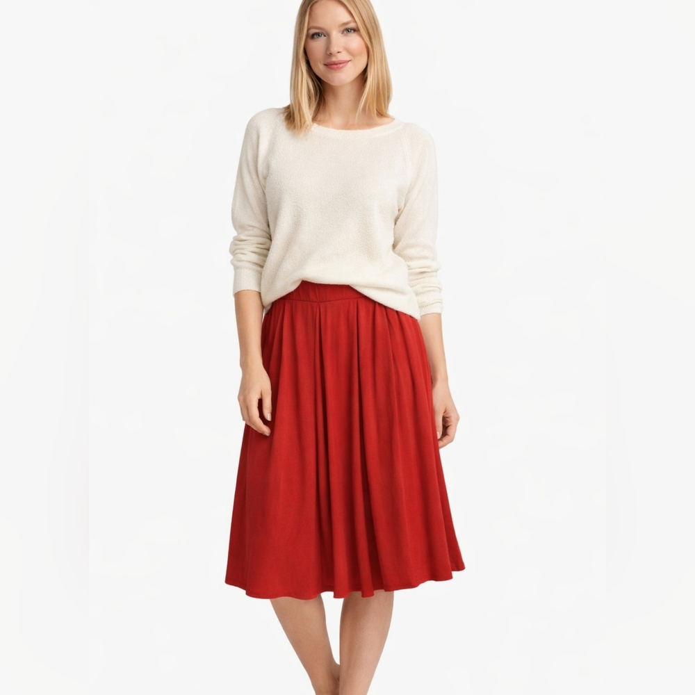 LuLaRoe Madison Skirt Red Flowy Pleated Midi Small Stretch Waist Small